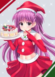 1girl alternate_costume bare_shoulders blush cake christmas christmas_cake christmas_tree_print closed_mouth commentary_request cowboy_shot elbow_gloves eyes_visible_through_hair finger_to_mouth floating_hair food fruit gloves grey_background grey_eyes hair_between_eyes hands_up hat highres holding holding_tray index_finger_raised katou_umi long_hair looking_at_viewer midriff minatoto miniskirt navel pink_hair pleated_skirt pom_pom_(clothes) red_gloves red_hat red_skirt red_vest sailor_collar sailor_shirt santa_costume santa_hat shirt simple_background skirt smile solo sparkle star_(symbol) strawberry summer_pockets tray two_side_up very_long_hair vest white_sailor_collar