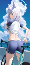 1girl absurdres adjusting_clothes adjusting_shorts animal_ear_fluff animal_ears ass backboob bicycle bike_shorts blue_archive blue_eyes blue_sky bottle breasts clothes_lift cloud cross_hair_ornament damcheong day extra_ears from_behind hair_ornament highres lifting_own_clothes looking_back medium_breasts medium_hair mismatched_pupils ocean outdoors parted_lips shiroko_(blue_archive) shiroko_(cycling)_(blue_archive) shirt_lift shorts sky solo sweat thighs water_bottle white_hair wiping_sweat wolf_ears