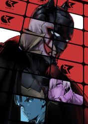 4boys armor batman batman_(series) batman_justice_buster blonde_hair blue_eyes brown_eyes brown_hair cover cover_page dc_comics dick_grayson highres jason_todd looking_at_viewer looking_to_the_side male_focus manga_cover mask multiple_boys official_art power_armor shimizu_eiichi shimoguchi_tomohiro the_joker v-shaped_eyebrows
