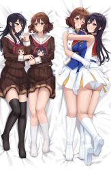 2girls ass band_uniform bare_shoulders bed_sheet black_hair black_thighhighs blue_shirt blush brown_eyes brown_hair brown_serafuku brown_shirt brown_skirt character_doll commentary dakimakura_(medium) doll english_commentary full_body hibike!_euphonium holding holding_doll hug kitauji_high_school_uniform kousaka_reina long_hair long_sleeves lying marching_band merchandise_available miniskirt multiple_girls multiple_views neckerchief on_back on_stomach oumae_kumiko panties pink_neckerchief pleated_skirt purple_eyes sailor_collar school_uniform serafuku shirt skirt sleeveless sleeveless_shirt smodzz998 socks thighhighs thighs two-tone_shirt underwear white_panties white_sailor_collar white_shirt white_socks wince yuri