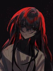 1girl bags_under_eyes black_background black_eyes black_hair club_suicide commentary_request empty_eyes eyes_visible_through_hair hair_between_eyes head_tilt highres lllzlllz long_hair looking_at_viewer mole mole_under_mouth open_clothes open_shirt parted_lips red_light shindou_ringo shirt solo upper_body white_shirt