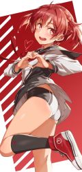 Rule 34 | 1girl, :d, ahoge, ass, bike shorts, black shorts, black skirt, black socks, blouse, blush, breasts, commentary, foot out of frame, hair between eyes, heart, heart hands, highres, isshiki akane, medium hair, michairu, miniskirt, neck ribbon, open mouth, red background, red eyes, red hair, red ribbon, red shoes, ribbon, sailor collar, school uniform, serafuku, shirt, shoes, short shorts, short twintails, shorts, simple background, skirt, small breasts, smile, sneakers, socks, solo, standing, standing on one leg, thighs, twintails, two-tone shorts, vividred operation, white shirt, white shorts