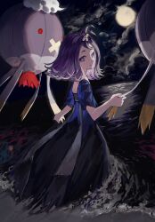 1girl absurdres acerola_(pokemon) blue_dress closed_mouth cloud dora_(wa_ppp) dress drifblim flipped_hair game_freak gen_4_pokemon hair_ornament hairclip highres holding looking_at_viewer looking_back moon night nintendo outdoors pokemon pokemon_(creature) pokemon_sm purple_eyes purple_hair sand shore short_sleeves sky smile standing topknot wading water