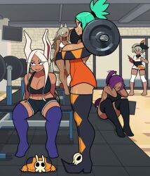 5girls animal_ears animated barbell bea_(pokemon) bleach boku_no_hero_academia boots bow breasts cat_ears cat_girl cerebella_(skullgirls) crossover dark-skinned_female dark_skin dress exercising eyepatch eyeshadow from_side full_body gen_4_pokemon ghislaine_dedoldia green_hair grey_hair gym hair_bow hairband hat high_heel_boots high_heels indoors knee_pads large_breasts lipstick long_hair makeup mirko muds multiple_girls mushoku_tensei nintendo pokemon pokemon_swsh ponytail red_eyes rotom rotom_phone shihouin_yoruichi short_dress short_hair shorts sitting skullgirls smile socks squat_(exercise) squatting sweat tagme thick_thighs thighhighs thighs unworn_hat unworn_headwear vice-versa_(skullgirls) video