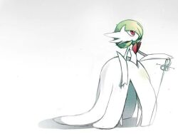 1girl colored_skin gardevoir gen_3_pokemon grey_hair knigh long_glove looking_to_the_side mega_gardevoir mega_pokemon military_combat_uniform military_uniform monster_girl nintendo no_humans planted planted_sword planted_weapon pokemon rapier red_eyes sword weapon white_skin