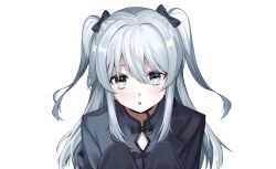 1girl absurdres black_bow black_coat black_shirt blush bow coat commentary_request green_eyes grey_hair hair_bow heart heart_in_eye highres indie_virtual_youtuber long_hair looking_at_viewer nekomugi_tororo off_shoulder open_mouth shirt simple_background solo symbol_in_eye two_side_up virtual_youtuber white_background ziu