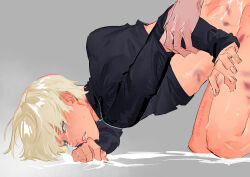 2boys anal arm_held_back arm_support bed_sheet black_shirt blonde_hair blue_eyes blush bruise bruise_on_arm bruise_on_neck commentary crying crying_with_eyes_open doggystyle english_commentary grabbing_another&#039;s_arm grabbing_from_behind grey_background gundam gundam_gquuuuuux highres injury kneeling long_sleeves looking_back male_focus mixed-language_commentary multiple_boys nomaumona out-of-frame_censoring parted_lips sex sex_from_behind sheet_grab shirouzu_(gundam) shirt short_hair simple_background solo_focus sweat tears turtleneck yaoi