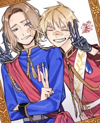 Rule 34 | 2boys, aiguillette, award ribbon, axis powers hetalia, bandaid, bandaid on cheek, bandaid on face, bandaid on nose, belt, blonde hair, blue eyes, blue jacket, border, closed eyes, crossed arms, dirty, dirty face, double v, facial hair, france (hetalia), goatee stubble, grin, jacket, looking at another, male focus, medium hair, military jacket, military uniform, multiple boys, ornate border, red jacket, red sash, sash, short hair, shougo-akira, side-by-side, simple background, smile, stubble, thick eyebrows, united kingdom (hetalia), upper body, v, wavy hair, white background, white sash