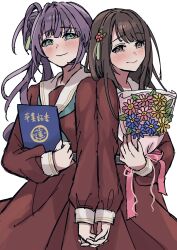 2girls animification aqua_neckerchief blue_flower blunt_bangs blush bouquet brown_dress brown_eyes brown_hair closed_mouth commentary_request diploma dress flower green_eyes hair_bun hair_flower hair_ornament hanamiya_nina hasu_no_sora_school_uniform highres holding holding_bouquet holding_diploma holding_hands interlocked_fingers lilac_(li_lac_3) link!_like!_love_live! long_hair long_sleeves looking_at_viewer love_live! multiple_girls neckerchief otomune_kozue pink_flower purple_hair real_life red_flower sailor_collar sailor_dress school_uniform second-party_source side_ponytail sidelocks simple_background single_side_bun smile tassel tassel_hair_ornament tears virtual_youtuber voice_actor white_background white_sailor_collar winter_uniform yellow_flower