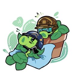 black_eyes blue-tinted_eyewear blue_helmet brown_helmet checkered_background cheek_tattoo chinese_commentary commentary_request dual_persona flower_pot gatling_pea_(plants_vs_zombies) green_background head_on_pillow helmet leaf looking_at_another lying no_humans notice_lines on_back outline pillow plant plant_focus plants_vs._zombies plants_vs._zombies_2 plants_vs._zombies_2_(chinese) shenmeshihou simple_background solid_oval_eyes tattoo tinted_eyewear white_background white_outline