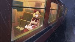 1girl akai_haato blonde_hair blue_eyes blunt_bangs bob_cut bouquet bow bowtie center_frills closed_mouth commentary_request copyright_notice envelope expressionless flower frilled_shirt frills grey_shirt hair_bow highres holding holding_bouquet hololive kotobuki_nashiko letter long_sleeves looking_outside night official_art pink_flower pink_rose plaid_clothes plaid_skirt puffy_long_sleeves puffy_sleeves rain red_bow red_bowtie red_skirt rose shirt short_hair sitting skirt solo suitcase suspender_skirt suspenders train train_interior virtual_youtuber