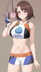 1girl absurdres amayo_thranana black_gloves blue_gloves brown_background brown_eyes brown_hair coin coin_on_string cowboy_shot creatures_(company) crop_top empty_eyes game_freak gloria_(pokemon) gloves hand_up highres hypnosis mind_control navel nintendo parted_lips pokemon pokemon_swsh short_hair shorts simple_background single_glove solo sports_bra standing thighs two-tone_gloves variant_set