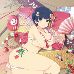 1girl arm_under_breasts ass bare_hips bare_legs bare_shoulders bikini blue_eyes blue_hair breast_press breasts cleavage covering_privates covering_breasts fan hair_ornament highres japanese_clothes large_breasts legs legs_together looking_at_viewer lying pillow revealing_clothes senran_kagura short_hair solo swimsuit tatami thighs yozakura_(senran_kagura)