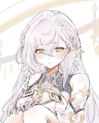 1girl bare_shoulders blush braid bright_pupils cleavage_cutout clothing_cutout colored_extremities csye003 detached_sleeves dress genshin_impact hair_between_eyes halo highres istaroth_(genshin_impact) knees_to_chest long_hair open_mouth parted_lips purple_hands sketch solo star_(symbol) white_hair white_pupils yellow_eyes