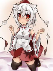 1girl :o animal_ear_fluff animal_ears arms_up bed_sheet black_skirt black_thighhighs blush breasts brown_background commentary_request detached_sleeves hair_between_eyes hat inubashiri_momiji kneeling koko-0209 looking_at_viewer medium_breasts nose_blush on_bed parted_lips pom_pom_(clothes) red_eyes red_hat red_ribbon red_skirt ribbon ribbon-trimmed_shirt ribbon-trimmed_sleeves ribbon_trim shirt short_hair simple_background skirt thighhighs tokin_hat touhou two-tone_skirt white_hair white_shirt wide_sleeves wolf_ears wolf_girl zettai_ryouiki
