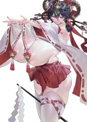 1girl bell black_hair blush bow breast_curtain_lift breast_curtains breasts commentary corrupted_twitter_file detached_sleeves gohei hair_between_eyes hair_bow hair_ornament haitai_(haitai_umita) highres horns huge_breasts indie_virtual_youtuber japanese_clothes large_breasts looking_at_viewer mole nils nontraditional_miko purple_eyes red_nails red_skirt second-party_source simple_background skindentation skirt smile solo symbol-only_commentary thick_thighs thighhighs thighs virtual_youtuber white_background white_thighhighs wide_sleeves