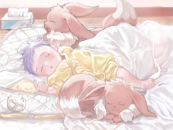 baby bed_sheet blue_hair brown_fur closed_eyes eevee futon gen_1_pokemon izumi_(2476264) lying nintendo on_back open_mouth pajamas pokemon pokemon_(creature) short_hair sleeping tissue tissue_box two-tone_fur yawning yellow_pajamas