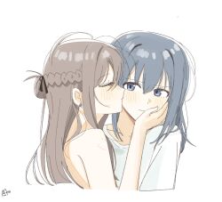 2girls bite_mark bite_mark_on_shoulder blue_eyes blue_hair blush brown_hair closed_eyes commentary earrings haidao_mao hashtag-only_commentary highres jewelry kiss kissing_cheek long_hair medium_hair miyagi_shiori multiple_girls sendai_hazuki shirt shuuniichido_classmate_wo_kau_hanashi simple_background upper_body white_background white_shirt yuri