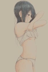 Rule 34 | 1girl, absurdres, bbmasa, black hair, breasts, camisole, camisole lift, closed mouth, clothes lift, cowboy shot, from side, gradient background, hibike! euphonium, highres, lifting own clothes, liz to aoi tori, long hair, medium breasts, navel, panties, profile, red eyes, solo, traditional media, underwear, underwear only, undressing, white camisole, white panties, yellow background, yoroizuka mizore