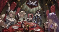 5girls alcohol animal_ears armchair asymmetrical_legwear banner black_hair black_horns black_jacket black_wings blonde_hair blue_eyes blue_hair bluehead_white_dragon bottle breasts broken_horn cake candlestand chair chest_jewel circlet cleavage closed_eyes colored_inner_hair cup demon_horns detached_sleeves dining_room dog_ears dog_girl dog_tail dress drinking_glass feather-trimmed_jacket feather-trimmed_sleeves feathered_wings fisheye food fuwawa_abyssgard fuwawa_abyssgard_(1st_costume) gem highres holding holding_cup holoadvent hololive hololive_english horns jacket koseki_bijou koseki_bijou_(1st_costume) large_breasts looking_at_viewer low_wings mococo_abyssgard mococo_abyssgard_(1st_costume) multicolored_hair multiple_girls nerissa_ravencroft nerissa_ravencroft_(1st_costume) off_shoulder outstretched_arm plate purple_gemstone purple_hair red_eyes shiori_novella shiori_novella_(1st_costume) shirt sitting_sideways smile split-color_hair standing steepled_fingers table tail v vase vest virtual_youtuber w waistcoat white_dress white_hair white_shirt wilted_flower wine wine_bottle wine_glass wings yellow_eyes