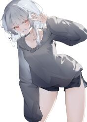 1girl absurdres black_shoes commentary english_commentary grey_hair grey_hoodie hand_up highres hood hood_down hoodie leaning_forward long_hair long_sleeves looking_at_viewer miku_rasha original pink_eyes shoes short_shorts shorts simple_background smile solo v white_background