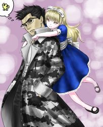 Rule 34 | 1boy, 1girl, ald, alice (megami tensei), atlus, belt, black hair, blonde hair, blunt bangs, coat, dress, glasses, hair ribbon, hairband, long hair, mary janes, pantyhose, petticoat, ribbon, shin megami tensei, shin megami tensei i, shoes, takeshi (megami tensei), white pantyhose, yellow eyes