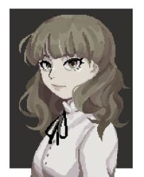1boy arumikat black_ribbon brown_eyes brown_hair closed_mouth commentary face_piercing fear_&amp;_hunger fear_&amp;_hunger_(series) fear_&amp;_hunger_2:_termina frilled_shirt_collar frills highres lips long_hair looking_at_viewer marina_(fear_&amp;_hunger) mouth_piercing neck_ribbon piercing pixel_art portrait ribbon sepia_background shirt solo two-tone_background white_background white_shirt