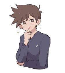 Rule 34 | 1boy, :d, antenna hair, black sweater, bright pupils, brown eyes, brown hair, cropped torso, doroidsan, hair behind ear, hair between eyes, hand on own chin, hand on own elbow, hand up, hero (faraway) (omori), hero (omori), long sleeves, looking at viewer, male focus, omori, open mouth, short hair, simple background, smile, solo, sweater, teeth, upper teeth only, v-neck, very short hair, white background, white pupils