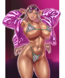 1girl absurdres armpits arms_behind_head arms_up breasts cowboy_shot dark-skinned_female dark_skin earrings eyelashes eyewear_on_head fingernails gyaru highres hoop_earrings huge_breasts jacket jewelry leopard_print_bikini long_fingernails midriff mole mole_on_breast mole_under_eye nail_polish nattapuumuu naughty_face navel navel_piercing original piercing simple_background smile solo teeth thighs toned tongue tongue_out