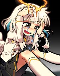 Rule 34 | 1boy, 1girl, angel, angel wings, black background, black skirt, blue hair, brown eyes, colored inner hair, commentary, crying, english commentary, feathered wings, gradient background, halo, hands on own head, highres, jacket, juliet sleeves, knees up, long sleeves, low wings, melting halo, mini person, miniboy, multicolored hair, open mouth, original, puffy sleeves, satanmanse, short hair, simple background, sitting, skirt, thighhighs, white hair, white jacket, white thighhighs, white wings, wings