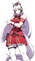 Rule 34 | 1girl, absurdres, animal ears, armband, bare shoulders, biceps, black eyes, blunt bangs, bow, bowtie, brown bag, commentary request, dress, ear bow, ear ornament, elbow gloves, gloves, gold ship (umamusume), highres, horse ears, horse girl, horse tail, long hair, looking at viewer, muscular, muscular female, open mouth, pants, pillbox hat, raised eyebrow, red armband, red bow, red bowtie, red dress, reia 76, simple background, solo, tail, umamusume, white background, white gloves, white hair, white pants, white tail