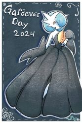 Rule 34 | alternate color, artist name, black dress, black gloves, blue hair, bob cut, character name, colored skin, dress, elbow gloves, gardevoir, gardevoir day, gen 3 pokemon, gloves, hair over one eye, highres, mega gardevoir, mega pokemon, nintendo, orange eyes, pokemon, pokemon (creature), shiny pokemon, signature, smile, strapless, strapless dress, theweisslily, white skin
