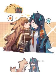 !? +++ ... 2girls ^^^ ^_^ afterimage animal_ears aqua_hair arknights black_hair brown_hair brown_tail ceobe_(arknights) chinese_commentary closed_eyes closed_mouth colored_extremities commentary_request creature dragon_bubble_(arknights) dusk_(arknights) earrings food gradient_hair hair_over_one_eye heart highres holding holding_food jewelry licking licking_another&#039;s_face long_hair looking_at_another multicolored_hair multiple_girls necktie one_eye_closed open_mouth orange_necktie pointy_ears saliva smile sparkle spoken_ellipsis spoken_heart spoken_interrobang sweatdrop tail tail_wagging tongue tongue_out torn_clothes torn_necktie yu_kaoxiang yuri