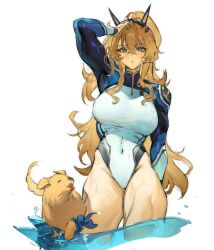 1girl arm_up barghest_(fate) barghest_(over_the_same_sky)_(fate) blonde_hair blush breasts covered_navel dog fate/grand_order fate_(series) genpachi_(fate) highres kurumi_(recycllamo) large_breasts long_hair looking_at_viewer muscular muscular_female one-piece_swimsuit partially_submerged ponytail swimsuit water white_one-piece_swimsuit
