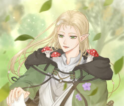 1boy aloysius_(shining_nikki) black_hood blonde_hair buttons cat cloak collared_shirt commentary_request day elf fingernails floating_hair flower forest green_cloak green_eyes highres hood hood_down hooded_cloak kohanai_setsuna leaf light_particles lips long_hair looking_at_animal lower_teeth_only male_focus mushroom nature nikki_(series) open_mouth outdoors petting pink_lips pointy_ears purple_flower shining_nikki shirt smile solo teeth upper_body white_cat white_shirt wind