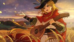 1girl blonde_hair braid brown_eyes hat highres holding holding_instrument instrument leclle long_sleeves looking_ahead lute_(instrument) official_art open_mouth outdoors outstretched_arm rose_fryberg side_braid solo spoilers standing volcano_princess wheat_field wind