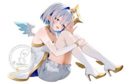 Rule 34 | + +, 1girl, alternate costume, amane kanata, angel, angel wings, bare shoulders, blue hair, blue wings, blush, boots, bridal gauntlets, colored inner hair, commentary request, crossed bangs, detached collar, dress, elbow gloves, feathered wings, full body, glove cutout, gloves, gold trim, gradient wings, grey hair, hair between eyes, hair intakes, halo, hand on own leg, hand up, high heel boots, high heels, highres, hololive, knees up, legs, looking at viewer, medium hair, mini wings, multicolored hair, multicolored wings, off-shoulder dress, off shoulder, open hand, open mouth, oracle (amane kanata), purple eyes, sidelocks, simple background, sitting, smallpine 7, smile, solo, star halo, thigh boots, virtual youtuber, watermark, white background, white boots, white dress, white gloves, white wings, wings