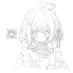 1girl ahoge apron blush bow bowtie braid commentary_request cropped_torso dorainatto earrings fingernails flower_earrings frilled_apron frilled_sleeves frills frown greyscale hair_between_eyes hair_ornament hair_ribbon hairclip jewelry long_sleeves monochrome multicolored_hair original parted_lips puffy_long_sleeves puffy_sleeves reference_inset ribbon shirt short_hair shy side_braid simple_background single_braid solo straight-on streaked_hair tearing_up turtleneck turtleneck_shirt white_background wing_hair_ornament