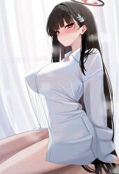 1boy 1girl absurdres black_hair blue_archive blush breasts breath bright_pupils commentary_request girl_on_top hair_ornament hairclip halo hetero highres indoors large_breasts long_hair long_sleeves looking_at_viewer mechanical_halo mizikayo red_eyes rio_(blue_archive) shirt sitting sleeves_past_wrists solo_focus steaming_body variant_set very_long_hair white_pupils white_shirt