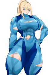 Rule 34 | 1girl, abs, absurdres, alternate muscle size, arm behind leg, biceps, blonde hair, blue bodysuit, blue eyes, blue stripes, bodysuit, breasts, cleavage cutout, clothing cutout, commentary, cowboy shot, english commentary, eyelashes, hand on own hip, high ponytail, highres, jumpsuit, large breasts, looking at viewer, metroid, musctonk, muscular, muscular female, navel, nintendo, ponytail, samus aran, sidelocks, skin tight, thick thighs, thighs, torn bodysuit, torn clothes, white background, zero suit