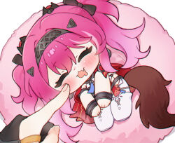 2girls black_bow black_gloves blush bodysuit bow cheek_poking chibi chibi_only chromatic_aberration closed_eyes commentary drooling earrings female_pov female_rover_(wuthering_waves) full_body gloves gradient_hair hair_bow hair_ornament hairband hue_oo jewelry long_hair lupa_(wuthering_waves) metal_hairband multicolored_hair multiple_girls multiple_hair_bows open_mouth pink_hair poking pov pov_hands rover_(wuthering_waves) simple_background sleeping solo_focus symbol-only_commentary tacet_mark_(wuthering_waves) tail twintails twitter_username white_background white_bodysuit wolf_tail wuthering_waves