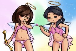 2girls angel angel_wings arrow_(projectile) black_eyes black_hair blue_background blush bow_(weapon) brown_eyes brown_hair collarbone cosplay cross cross_earrings cupid dark_skin drantyno earrings fake_halo fake_wings finger_to_mouth flat_chest green_background halo hand_on_own_hip highres holding holding_arrow holding_bow_(weapon) holding_weapon jacqueline_(ryuhi) jewelry lingerie loli long_hair looking_at_viewer mole mole_under_eye multiple_girls navel negligee nipples original panties pink_background pink_negligee pink_panties rq_(ryuhi) see-through_clothes smile sparkle standing underwear valentine weapon wings yellow_background