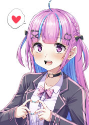 ..._tadano_gomi 1girl ahoge anchor_necklace aqua_nails black_bow black_choker black_jacket blue_hair blush bow bowtie braid cat_choker cat_hair_ornament choker collarbone collared_shirt commentary fingernails hair_bow hair_ornament hairclip heart heart_hands highres hololive jacket jewelry long_hair long_sleeves looking_at_viewer minato_aqua minato_aqua_(school_uniform) multicolored_hair multicolored_jacket nail_polish necklace o-ring o-ring_choker open_clothes open_jacket open_mouth paw_hair_ornament pink_bow pink_bowtie pink_eyes pink_hair pink_jacket plaid_bow plaid_bowtie plaid_clothes school_uniform shirt simple_background smile solo streaked_hair teeth two-tone_hair two-tone_jacket two_side_up upper_teeth_only virtual_youtuber white_background white_shirt