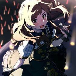 Rule 34 | 1girl, brown eyes, brown hair, concert, dress, floating hair, glint, glowstick, holding, holding microphone, idolmaster, idolmaster million live!, idolmaster million live! theater days, kitazawa shiho, kitazawa shiho (chocolate rose), long hair, microphone, official alternate costume, open mouth, puffy short sleeves, puffy sleeves, shirop imas, short sleeves, solo, standing
