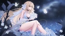 1girl absurdres bare_legs black_bra black_choker blonde_hair blue_gemstone blurry bouquet bra breasts bug butterfly character_request choker collarbone commentary commission copyright_request crossed_bangs depth_of_field dress english_commentary falling_petals floating_hair flower gem hair_between_eyes highres holding holding_bouquet insect jewelry knees_together_feet_apart knees_up lace lace_choker large_breasts light_blush long_hair looking_ahead necklace open_mouth pendant_choker petals purple_eyes short_dress sidelocks sitting sky sleeveless sleeveless_dress solo star_(sky) starry_sky underwear veil very_long_hair white_butterfly white_dress white_flower white_veil yumiewuri