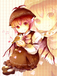 1girl animal_ears bad_id bad_pixiv_id bird dress female_focus hat ichitaro musical_note mystia_lorelei pink_hair short_hair sitting smile solo sparrow sparrow_(bird) touhou wings zoom_layer