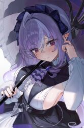 1girl absurdres ahoge ascot black_skirt blush breast_curtains breasts center_frills clothing_cutout commentary fingernails frilled_hairband frilled_umbrella frills hairband highres holding holding_umbrella large_breasts lolita_fashion long_hair long_sleeves looking_at_viewer lunel mole mole_under_eye multicolored_hair nail_polish pointy_ears purple_ascot purple_hair red_eyes shirt sideboob simple_background skirt solo two-tone_hair umbrella very_long_hair vivian_banshee white_background white_hair white_shirt zenless_zone_zero