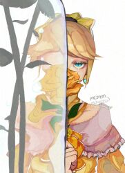 Rule 34 | 1girl, aku no musume (vocaloid), aqua eyes, artist name, blonde hair, bow, choker, collarbone, covering own mouth, crying, crying with eyes open, dress, dress bow, dress flower, earrings, evillious nendaiki, flower, frilled dress, frills, glass dome, hair bow, half-closed eyes, highres, holding, holding flower, jewelry, kagamine rin, momen zzz, off-shoulder dress, off shoulder, orange bow, riliane lucifen d&#039;autriche, rose, sad, signature, solo, split theme, swept bangs, tears, thorns, vocaloid, yellow bow, yellow choker, yellow dress, yellow flower, yellow rose
