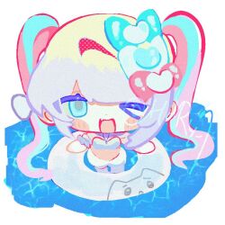 1girl ;d animal_print bikini blonde_hair blue_streaks bow cat_print caustics chibi chibi_only chouzetsusaikawa_tenshi-chan chouzetsusaikawa_tenshi-chan_(mizugi) colored_tips from_above full_body hair_bow jewelry multicolored_hair multiple_hair_bows naishukketsukata necklace needy_girl_overdose one_eye_closed open_mouth partially_submerged pink_streaks short_twintails smile solo swimsuit twintails water