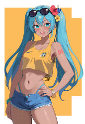 1girl absurdres alternate_skin_color arm_at_side bare_shoulders bikini bikini_under_clothes blue_bikini blue_eyes blue_hair blue_shorts blush bracelet brazil brazilian_miku breasts bug butterfly collarbone commentary contrapposto cowboy_shot crop_top crop_top_overhang cutoffs dark-skinned_female dark_skin denim denim_shorts diffraction_spikes eyewear_on_head flower hair_between_eyes hair_flower hair_ornament hand_on_own_hip hatsune_miku hibiscus highleg highleg_bikini highres insect jewelry jhonwikkle legs_apart long_hair looking_at_viewer medium_breasts midriff multiple_bracelets navel nike_(company) number_tattoo open_fly open_mouth red_flower round_teeth shiny_skin short_shorts shorts shoulder_tattoo sidelocks signature simple_background sleeveless smile solo standing stomach sunglasses sweat swimsuit tank_top tattoo teeth thighs tongue twintails two-tone_background upper_teeth_only vocaloid white_background yellow_background yellow_tank_top